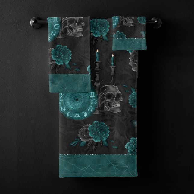 Zodiac Magic | Dark Teal Green Gothic Skull Roses Bath Towel Set (Creator Uploaded)
