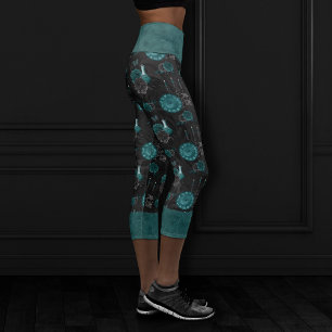 Zodiac Magic Dark Teal Green Gothic Skull Roses Capri Leggings