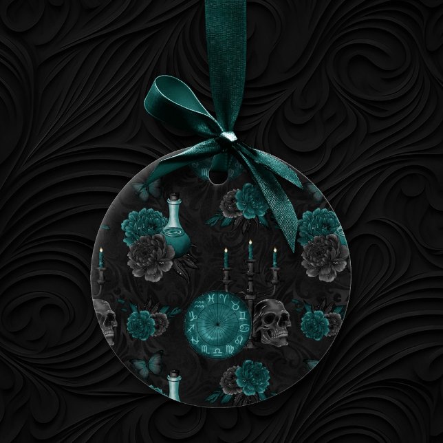 Zodiac Magic | Dark Teal Green Gothic Skull Roses Ceramic Tree Decoration (Creator Uploaded)