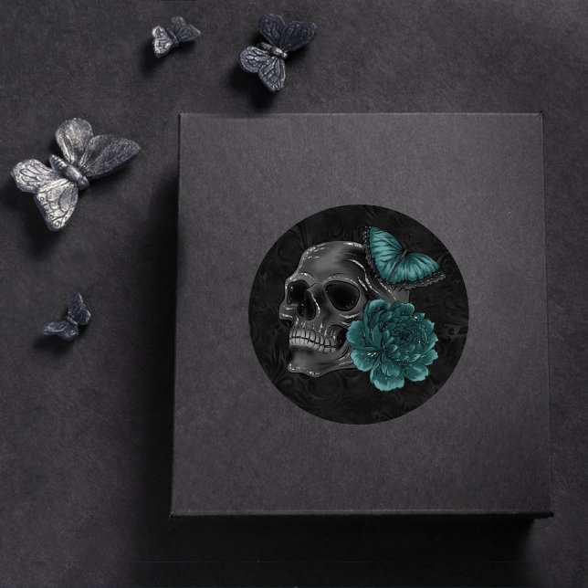 Zodiac Magic | Dark Teal Green Gothic Skull Roses Classic Round Sticker (Creator Uploaded)