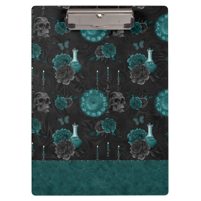 Zodiac Magic | Dark Teal Green Gothic Skull Roses Clipboard (Front)
