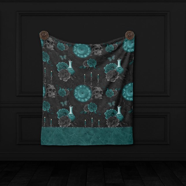 Zodiac Magic | Dark Teal Green Gothic Skull Roses Fleece Blanket (Creator Uploaded)