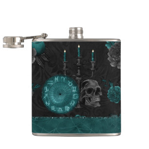 Zodiac Magic   Dark Teal Green Gothic Skull Roses Hip Flask