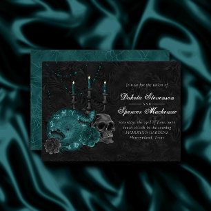 Zodiac Magic   Dark Teal Green Gothic Skull Roses Invitation
