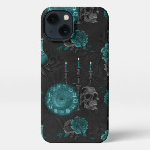 Zodiac Magic   Dark Teal Green Gothic Skull Roses iPhone 13 Case