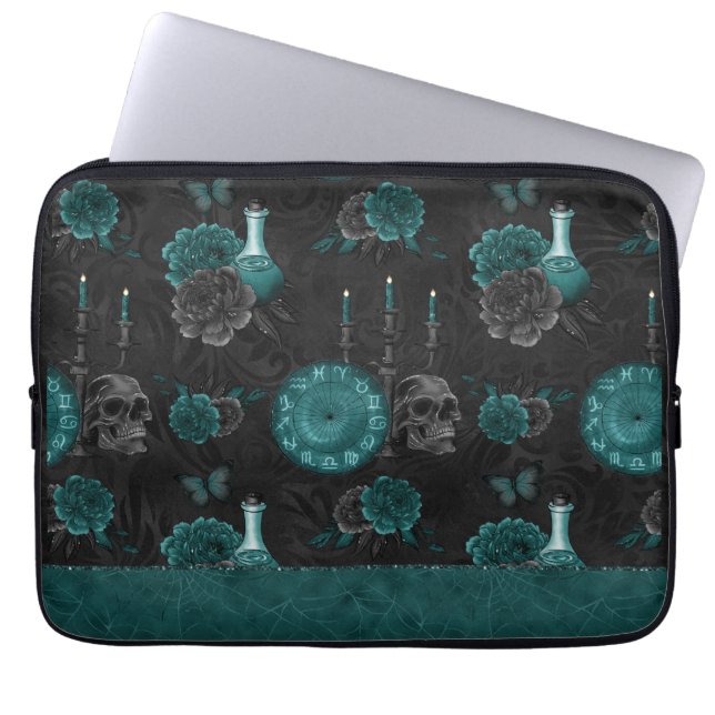 Zodiac Magic | Dark Teal Green Gothic Skull Roses Laptop Sleeve (Front)
