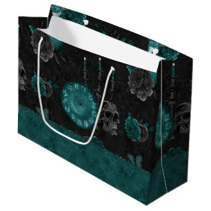 Zodiac Magic   Dark Teal Green Gothic Skull Roses Large Gift Bag