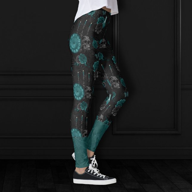 Zodiac Magic | Dark Teal Green Gothic Skull Roses Leggings (Creator Uploaded)