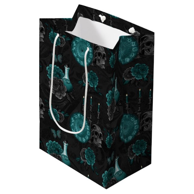 Zodiac Magic | Dark Teal Green Gothic Skull Roses Medium Gift Bag (Front Angled)