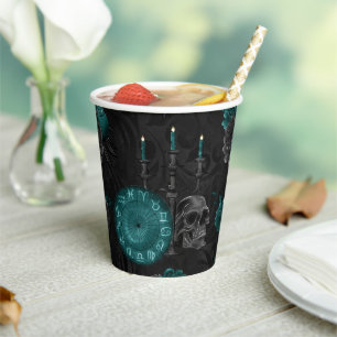 Zodiac Magic Dark Teal Green Gothic Skull Roses Paper Cups