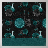 Zodiac Magic | Dark Teal Green Gothic Skull Roses