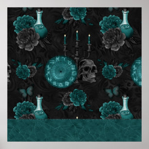 Zodiac Magic   Dark Teal Green Gothic Skull Roses Poster