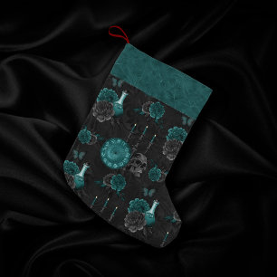 Zodiac Magic Dark Teal Green Gothic Skull Roses Small Christmas Stocking