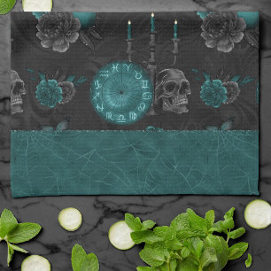 Zodiac Magic   Dark Teal Green Gothic Skull Roses Tea Towel