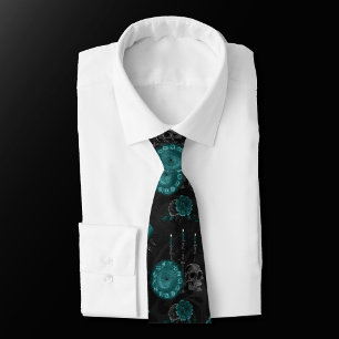 Zodiac Magic   Dark Teal Green Gothic Skull Roses Tie