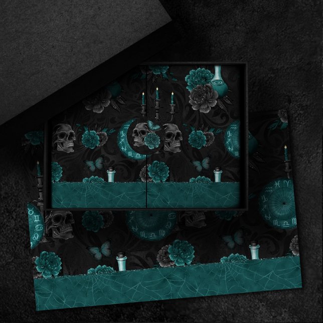 Zodiac Magic | Dark Teal Green Gothic Skull Roses Tissue Paper (Creator Uploaded)