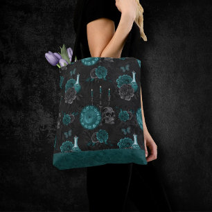 Zodiac Magic Dark Teal Green Gothic Skull Roses Tote Bag