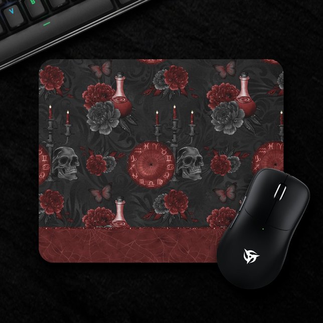 Zodiac Magic | Henna Red Gothic Skull Roses Potion Mouse Mat (Creator Uploaded)