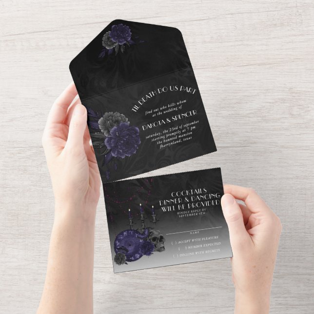 Zodiac Magic | Midnight Indigo Gothic Skull Roses All In One Invitation (Tearaway)