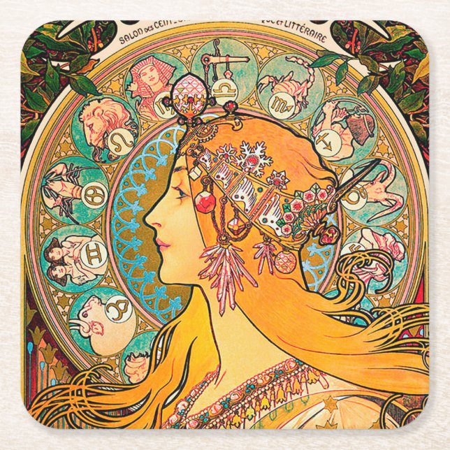 Zodiac, Mucha Square Paper Coaster (Front)