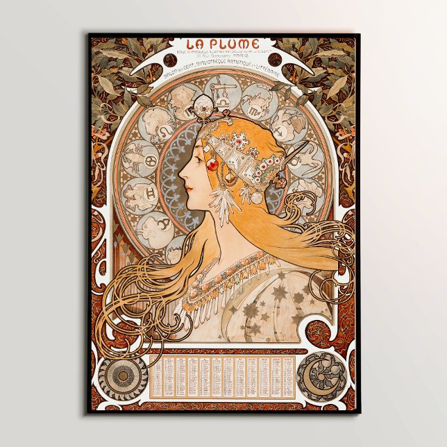 Zodiac: Mucha's Iconic Art Nouveau Masterpiece  Poster (Alphonse Maria Mucha's Zodiaque or La Plume (ca. 1896–1897) by. Famous Art Nouveau artwork)