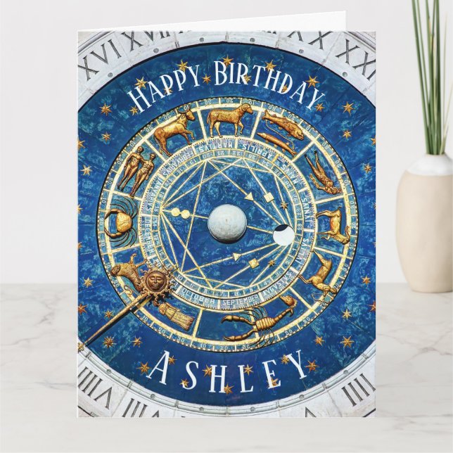 Zodiac Old World Birthday Sun Signs Blue + Name Card (Front)