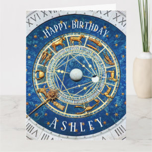 Zodiac Old World Birthday Sun Signs Blue + Name Card