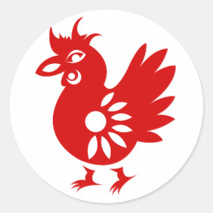 ZODIAC PAPERCUT ROOSTER ILLUSTRATION CLASSIC ROUND STICKER