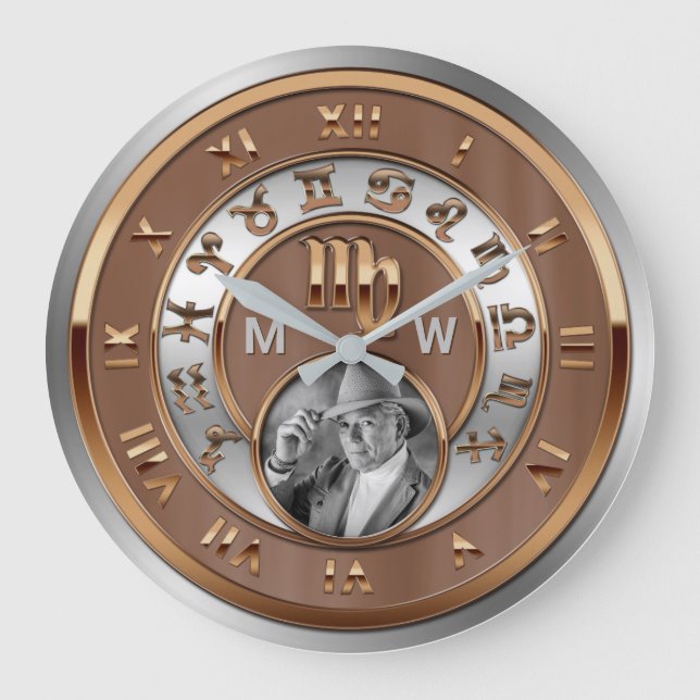 Zodiac Photo Bronze Silver Birthday Monogram Virgo Large Clock (Front)