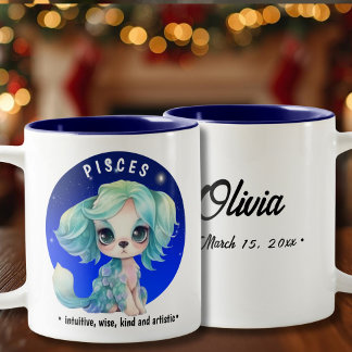 Zodiac Pisces Cute Watercolor Dog custom name date Two-Tone Coffee Mug