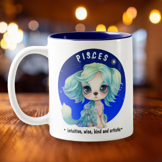 Zodiac Pisces Cute Watercolor Dog custom name date Two-Tone Coffee Mug