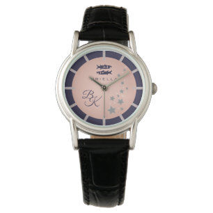 Zodiac Pisces Elegant Rosé Dark Blue Monogrammed Watch