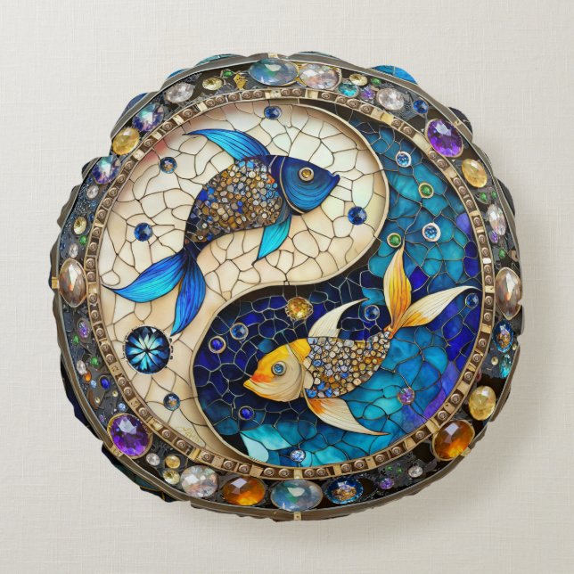 Zodiac - Pisces Fish Yin and Yang Round Cushion (Front)