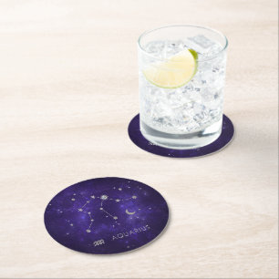 Zodiac Purple Aquarius Astrology Horoscope Round Paper Coaster