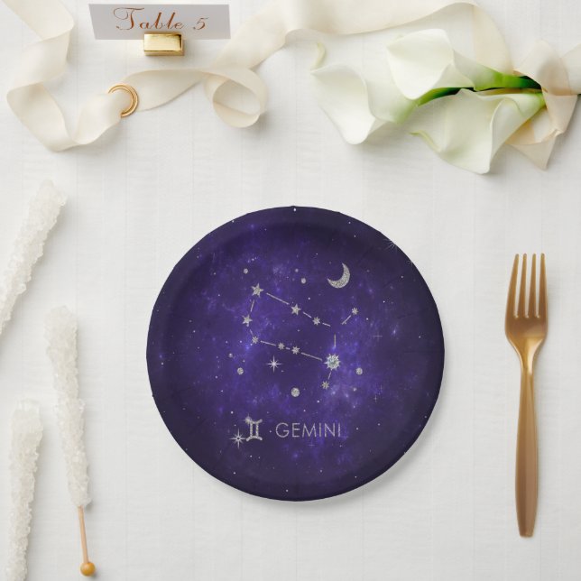 Zodiac Purple Gemini | Cosmic Astrology Horoscope Paper Plate (Wedding)