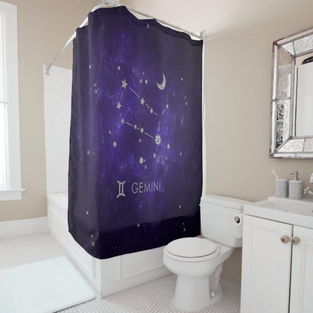 Zodiac Purple Gemini | Cosmic Astrology Horoscope Shower Curtain (In Situ)