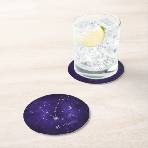 Zodiac Purple Pisces   Cosmic Astrology Horoscope Round Paper Coaster