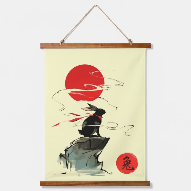 zodiac Rabbit ink art sumi-e Hanging Tapestry (Front)