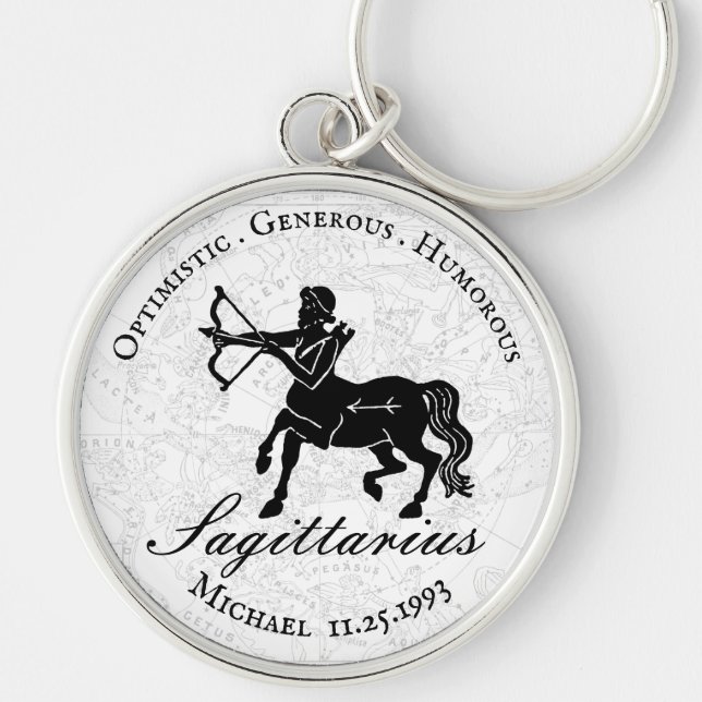 Zodiac Sagittarius Astrology Custom Black White Key Ring (Front)