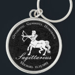 Zodiac Sagittarius Astrology Custom Vintage Black Key Ring<br><div class="desc">Zodiac Sagittarius Astrology Custom Vintage Black keychain. A beautiful design created using vintage zodiac sign graphics in black and white. Simply change the name and birthdate to make this a personalized birthday gift! This design includes the three positive traits of the Sagittarius sign - Optimistic, Generous and Humorous!</div>