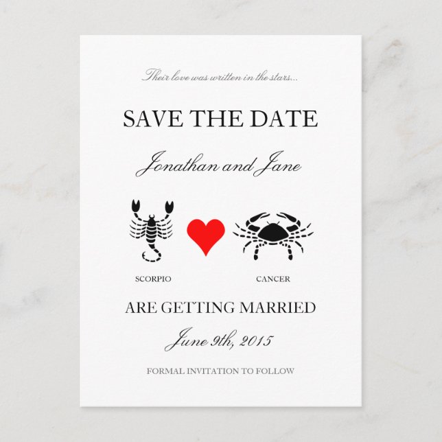 Zodiac Save the Date (Scorpio/Cancer) White Announcement Postcard (Front)