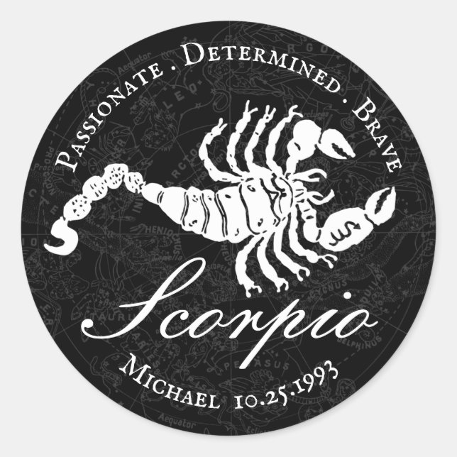 Zodiac Scorpio Astrology White Black Custom Classic Round Sticker (Front)