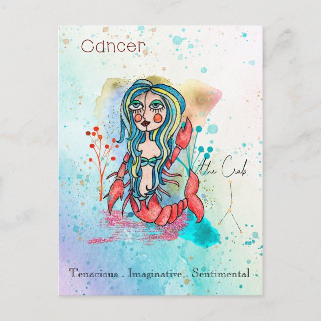 Zodiac Sign Cancer Whimsical Girl Symbolic Crab Postcard (Front)
