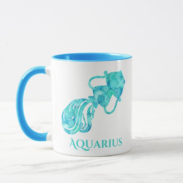 Zodiac Sign for Aquarius in a Turquoise Fractal  Mug (Left)