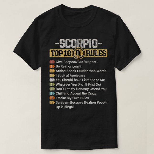 Zodiac Sign Funny Top 10 Rules Of Scorpio Graphic  (Design Front)