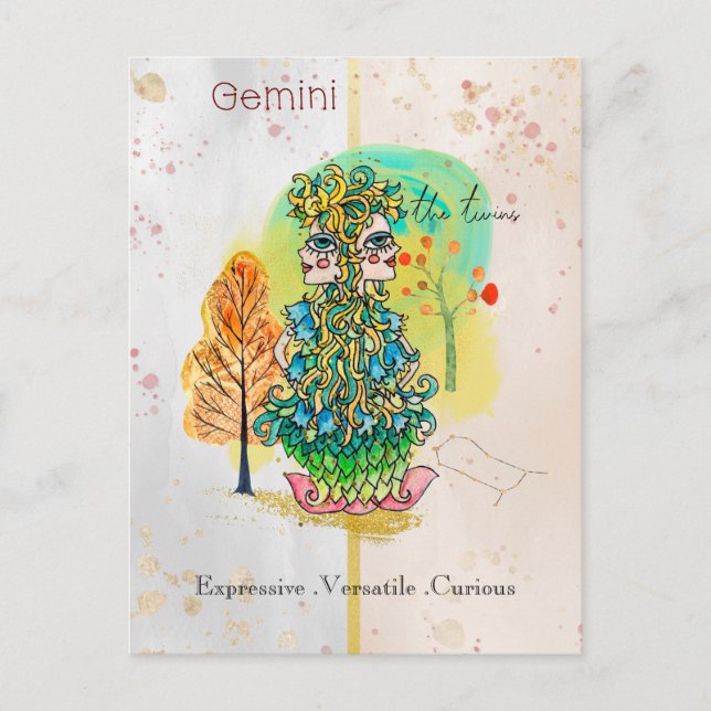 Zodiac Sign Gemini Whimsical Twins Green Yellow Postcard (Front)