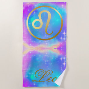 Zodiac Sign Leo Gold on Colourful Background Beach Towel