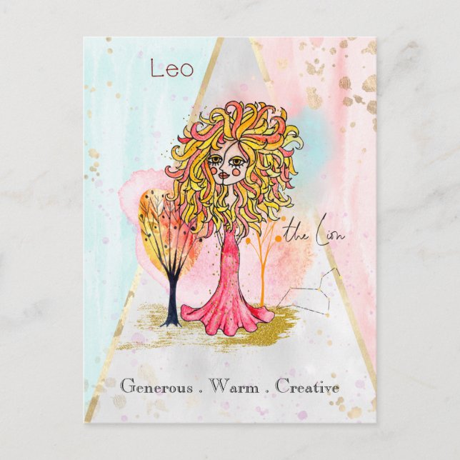 Zodiac Sign Leo The Lion Whimsical Girl Red Yellow Postcard (Front)