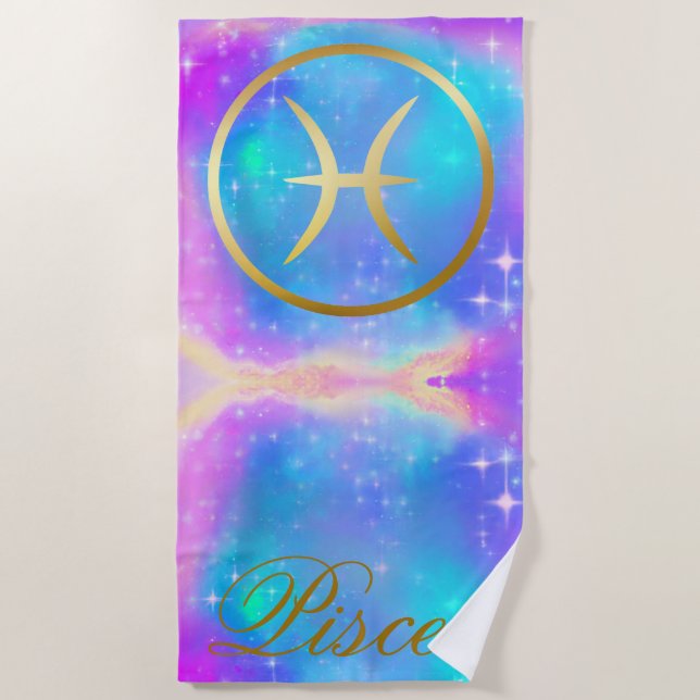 Zodiac Sign Pisces Gold on Colourful Background | Beach Towel (Front)