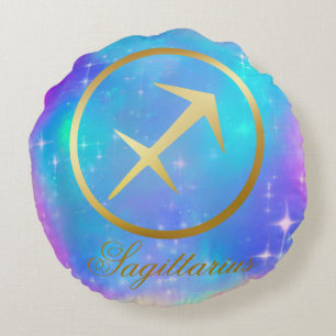 Zodiac Sign Sagittarius Gold Colourful Background  Round Cushion